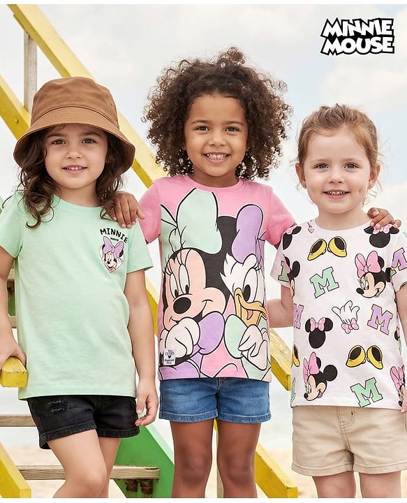 Babyhug Disney Single Jersery Knit Half Sleeves T-Shirt with Minnie & Friends Graphic Pack of 3 - Pink & Green