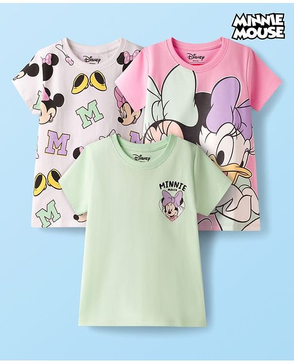 Babyhug Disney Single Jersery Knit Half Sleeves T-Shirt with Minnie & Friends Graphic Pack of 3 - Pink & Green
