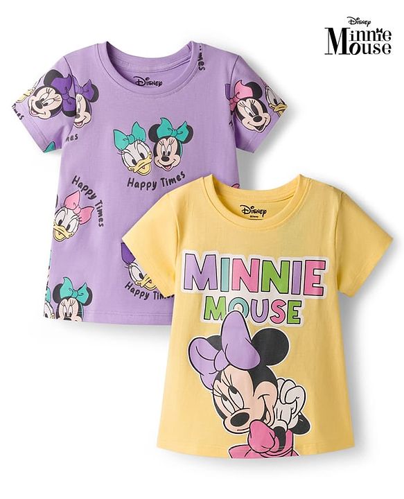 Babyhug Disney Single Jersey Knit Half Sleeves T-Shirt With Minnie & Mouse Friends Print Pack Of 2 - Lilac & Yellow