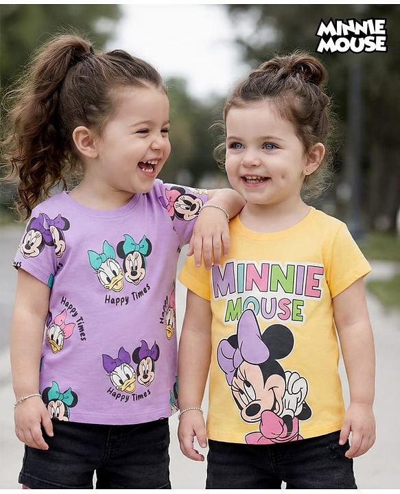 Babyhug Disney Single Jersey Knit Half Sleeves T-Shirt With Minnie & Mouse Friends Print Pack Of 2 - Lilac & Yellow