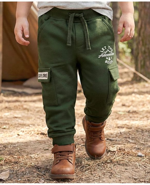 Babyhug Cotton Knit Full Length Lounge Pant With Text Print - Dark Green