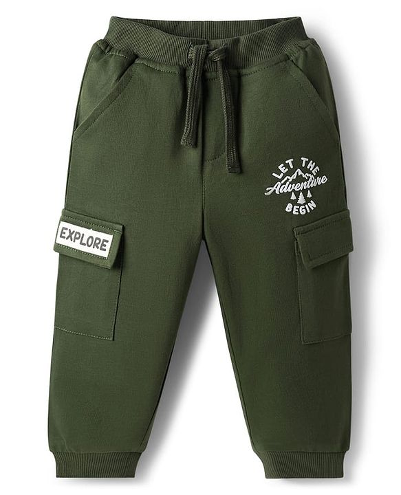 Babyhug Cotton Knit Full Length Lounge Pant With Text Print - Dark Green