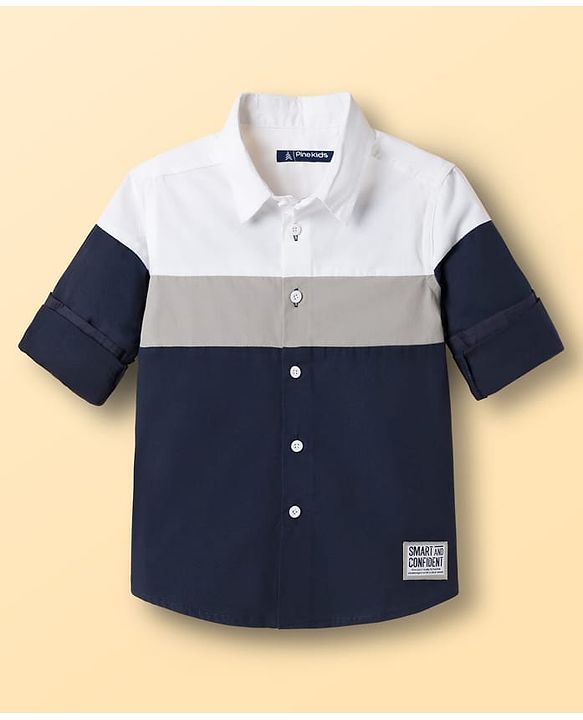 Pine Kids Cotton Woven Full Sleeves Solid Shirt - Navy Blue