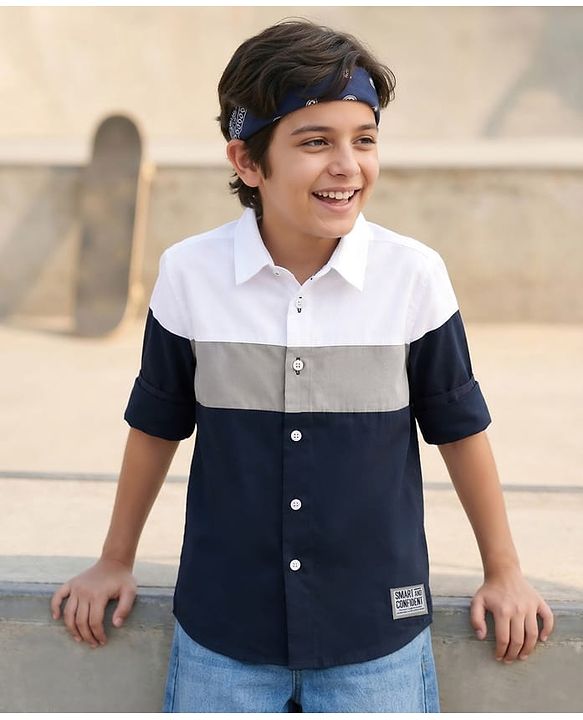 Pine Kids Cotton Woven Full Sleeves Solid Shirt - Navy Blue