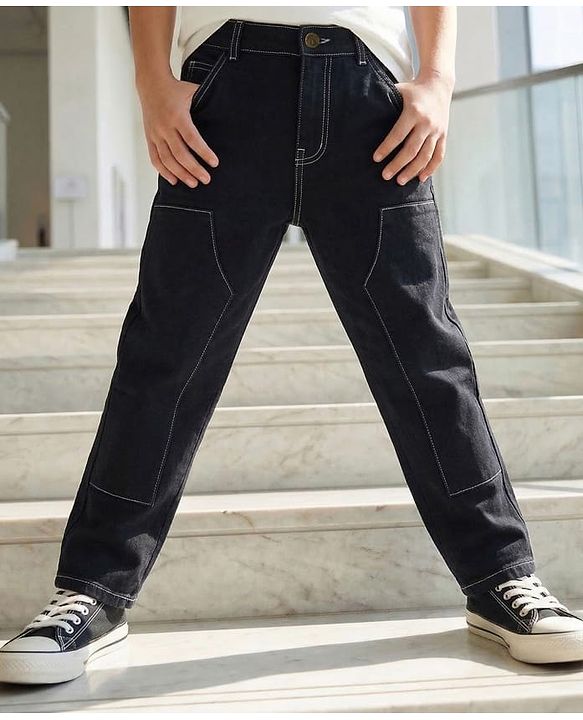 Pine Kids Cotton Woven Full Length Solid Color Jeans - Black