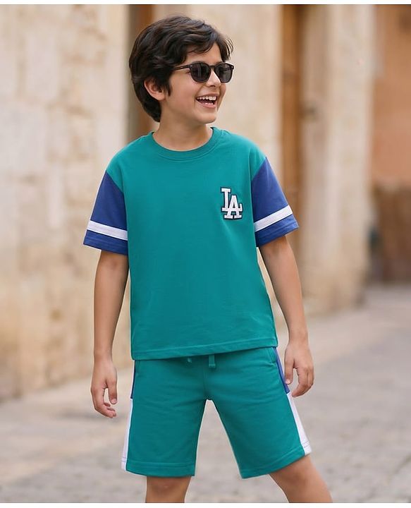 Pine Kids Looper Knit Half Sleeves T-Shirt & Shorts Set With LA Embroidery - Teal Blue