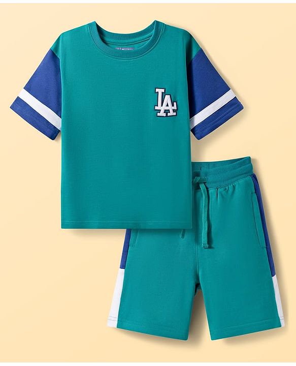 Pine Kids Looper Knit Half Sleeves T-Shirt & Shorts Set With LA Embroidery - Teal Blue