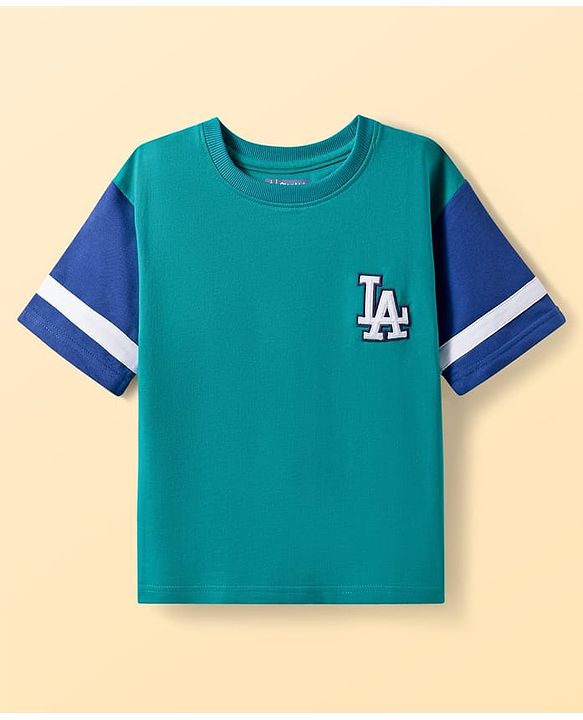 Pine Kids Looper Knit Half Sleeves T-Shirt & Shorts Set With LA Embroidery - Teal Blue