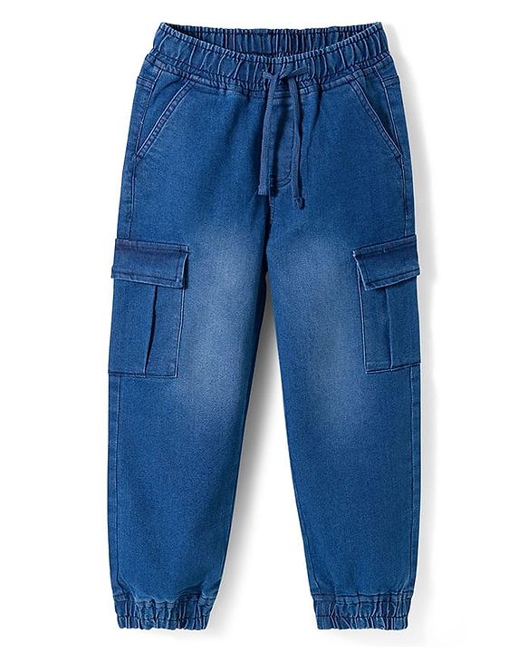 Pine Kids Denim Woven Full Length Solid Jeans with Cargo Pockets - Blue