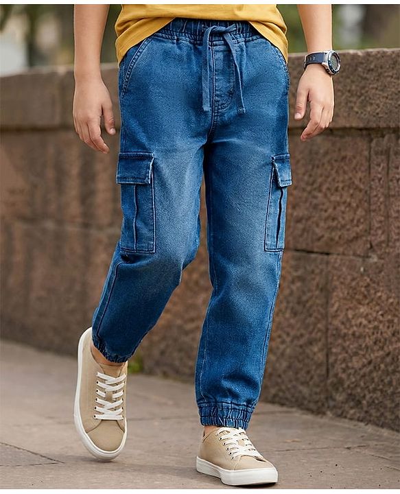 Pine Kids Denim Woven Full Length Solid Jeans with Cargo Pockets - Blue
