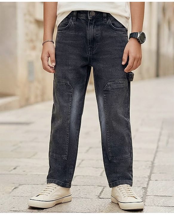 Pine Kids Denim Woven Full Length Washed Jeans - Black