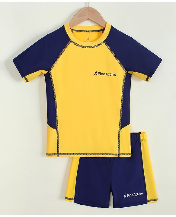 Pine Active Half Raglan Sleeves Cut N Sew Two Piece Swimsuit - Yellow & Navy Blue