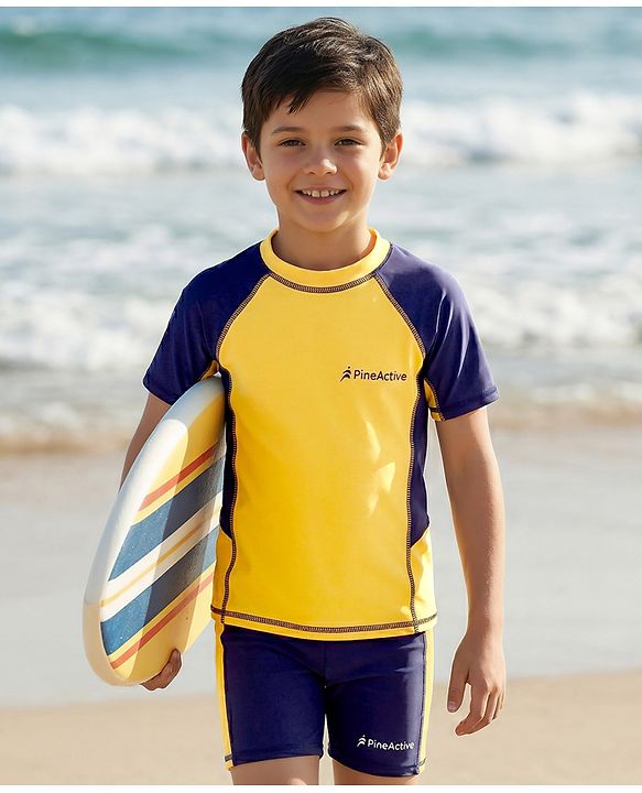Pine Active Half Raglan Sleeves Cut N Sew Two Piece Swimsuit - Yellow & Navy Blue