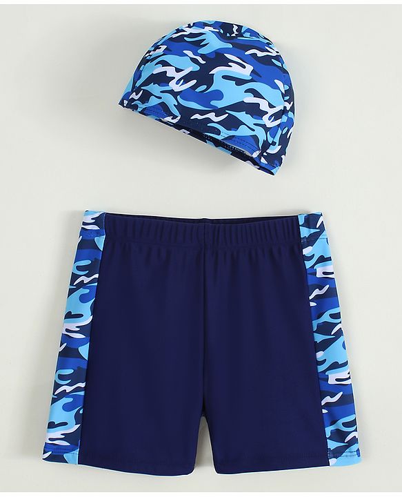 Pine Kids Swimming Trunk with Cap & Camouflage - Navy Blue