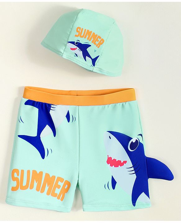 Babyhug Swimming Trunk with Cap & Sea Life Print - Sea Green