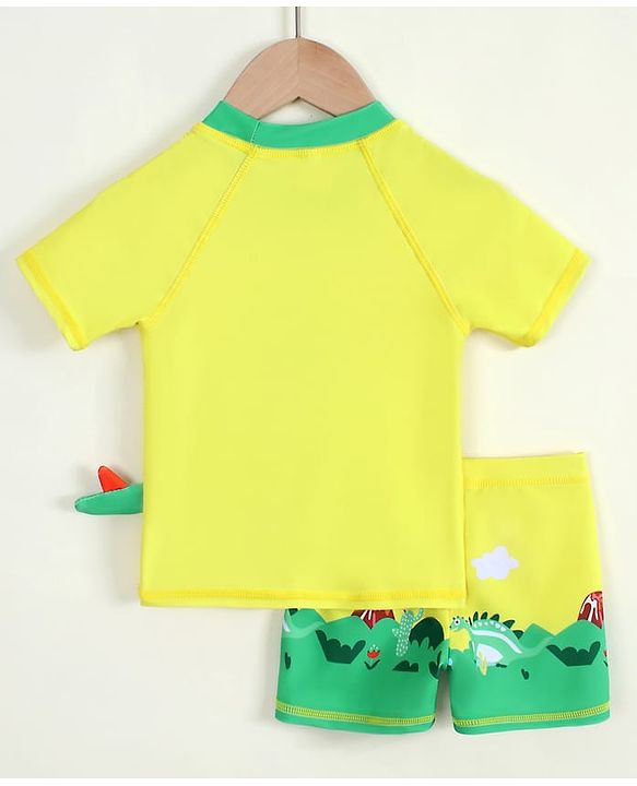 Babyhug Half Raglan Sleeves Dino Printed Two Piece Swimsuit - Yellow
