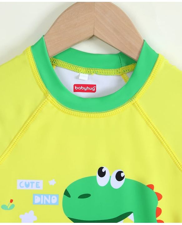 Babyhug Half Raglan Sleeves Dino Printed Two Piece Swimsuit - Yellow