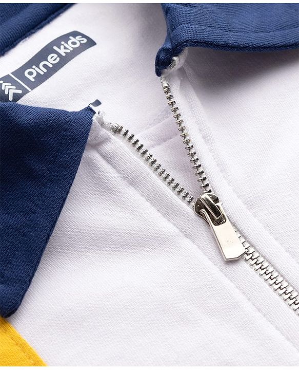 Pine Kids Looper Knit Half Sleeves Polo T-Shirt & Shorts Set With Patch Detailing - White & Navy Blue