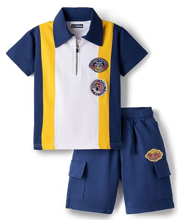 Pine Kids Looper Knit Half Sleeves Polo T-Shirt & Shorts Set With Patch Detailing - White & Navy Blue