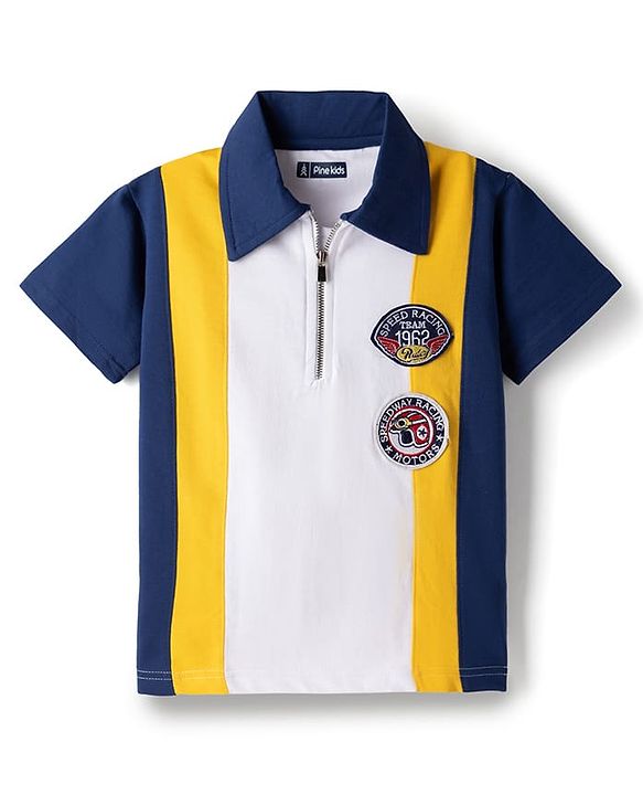 Pine Kids Looper Knit Half Sleeves Polo T-Shirt & Shorts Set With Patch Detailing - White & Navy Blue