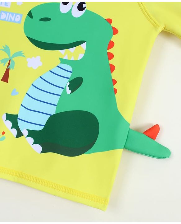 Babyhug Half Raglan Sleeves Dino Printed Two Piece Swimsuit - Yellow