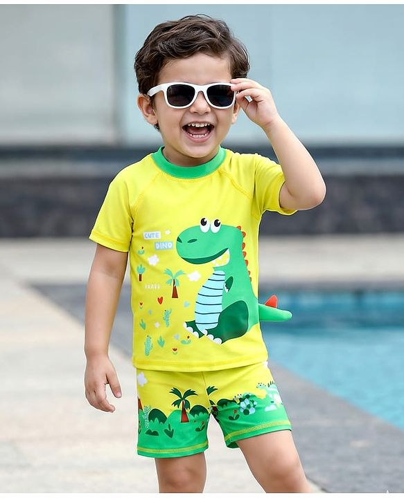 Babyhug Half Raglan Sleeves Dino Printed Two Piece Swimsuit - Yellow