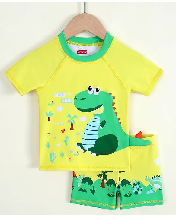 Babyhug Half Raglan Sleeves Dino Printed Two Piece Swimsuit - Yellow