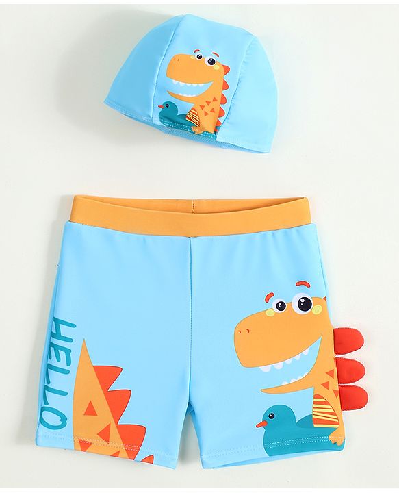 Babyhug Swimming Trunk with Cap & Dino Print - Light Blue