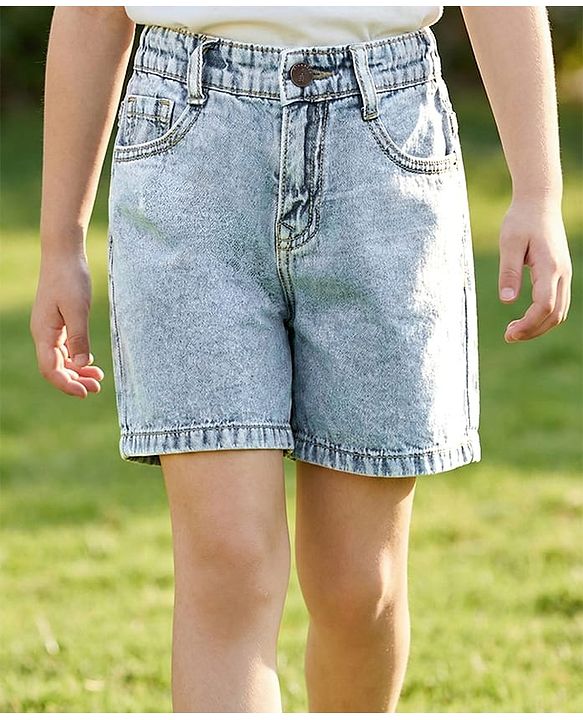 Pine Kids 100% Cotton Denim Woven Solid Color Shorts - Mid Blue