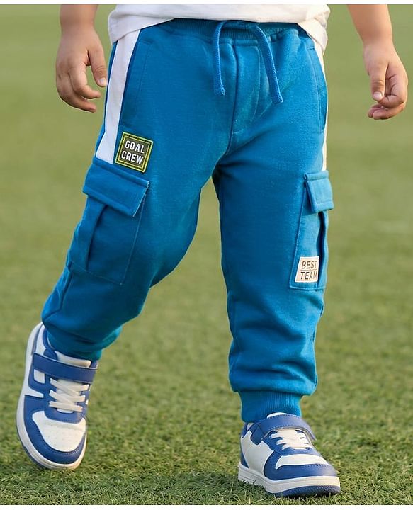 Babyhug Looper Knit Full Length Lounge Pant With Text Patch - Blue