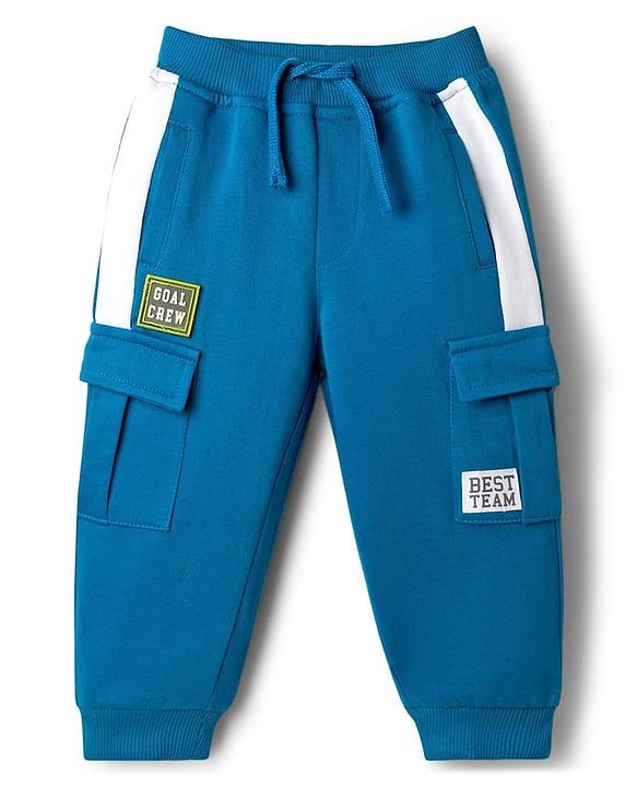 Babyhug Looper Knit Full Length Lounge Pant With Text Patch - Blue