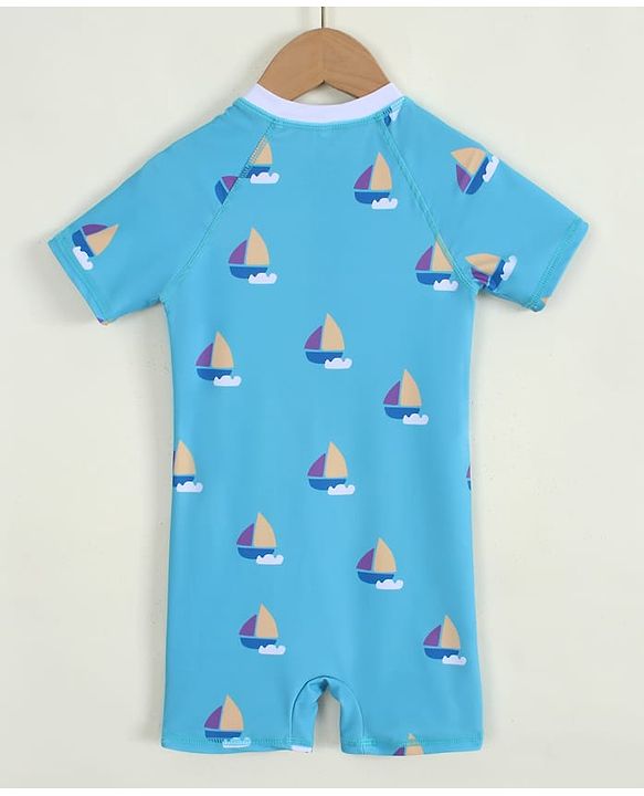 Pine Kids Half Raglan Sleeves Nautical Theme Printed Legged Swimsuit - Light Blue