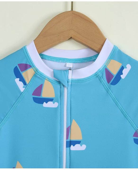 Pine Kids Half Raglan Sleeves Nautical Theme Printed Legged Swimsuit - Light Blue