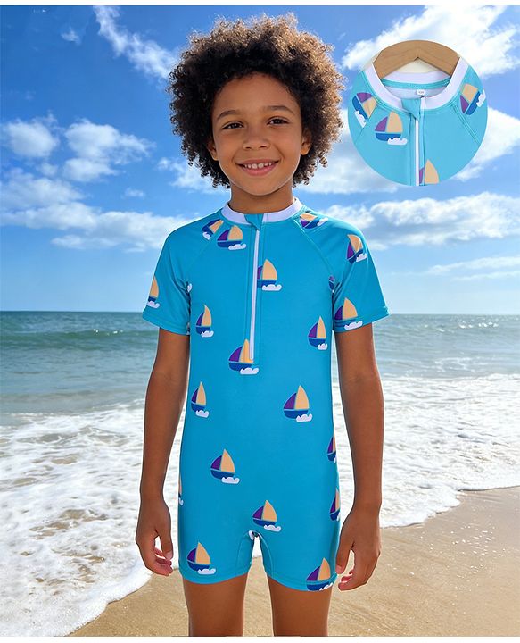 Pine Kids Half Raglan Sleeves Nautical Theme Printed Legged Swimsuit - Light Blue