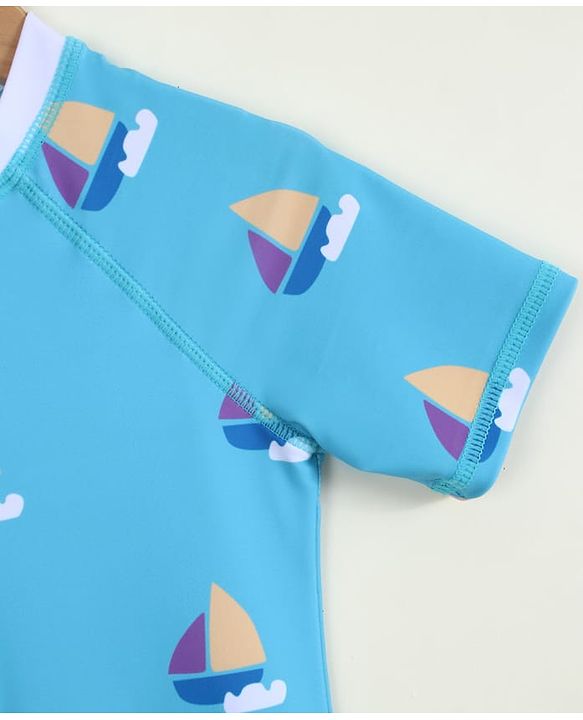 Pine Kids Half Raglan Sleeves Nautical Theme Printed Legged Swimsuit - Light Blue