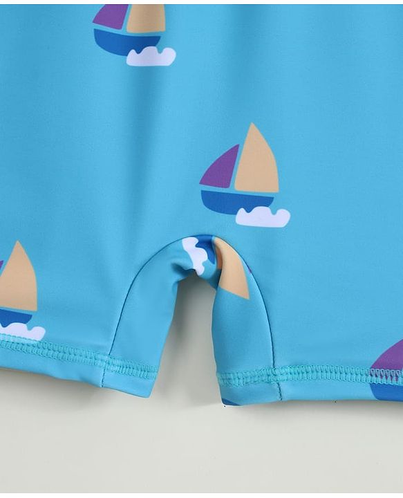 Pine Kids Half Raglan Sleeves Nautical Theme Printed Legged Swimsuit - Light Blue