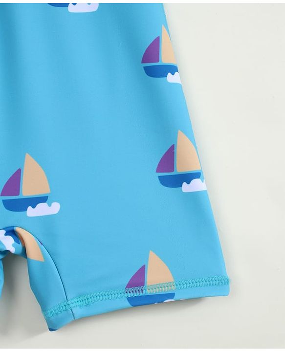 Pine Kids Half Raglan Sleeves Nautical Theme Printed Legged Swimsuit - Light Blue