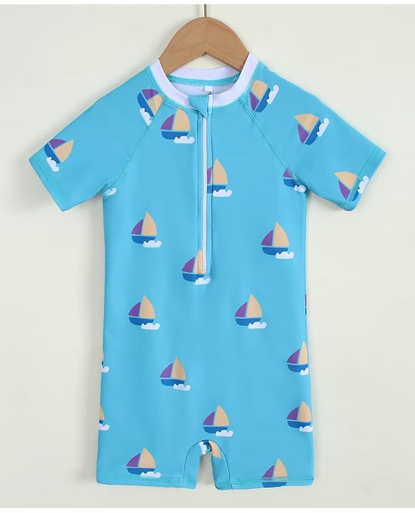 Pine Kids Half Raglan Sleeves Nautical Theme Printed Legged Swimsuit - Light Blue