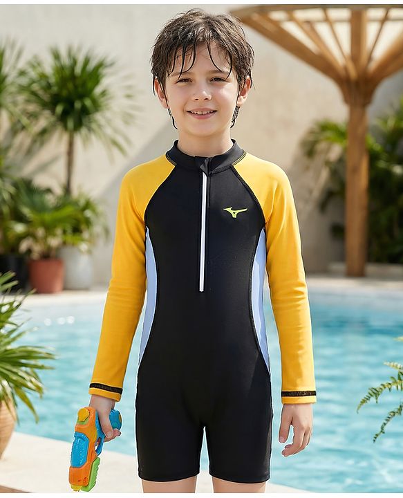 Pine Active Full Raglan Sleeves Solid Color Legged Swimsuit - Black