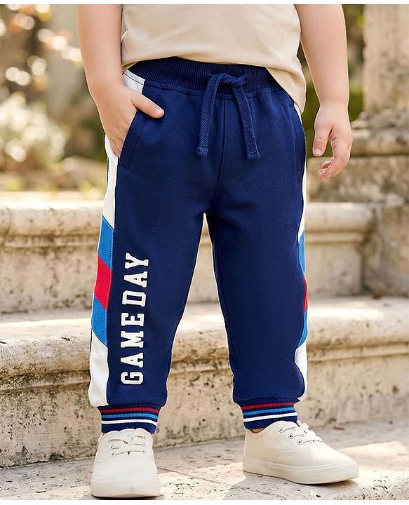 Babyhug Cotton Looper Knit Full Length Lounge Pant With Text Print - Navy Blue