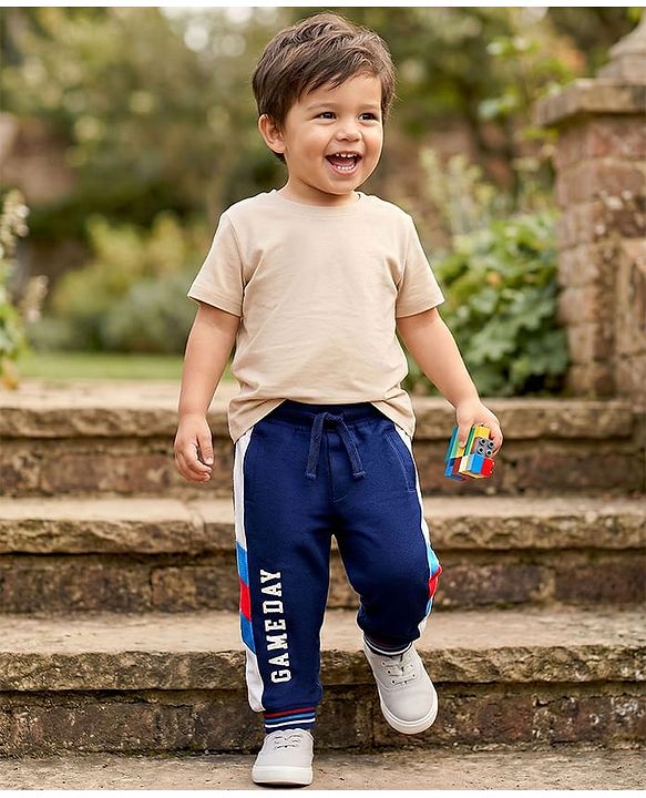 Babyhug Cotton Looper Knit Full Length Lounge Pant With Text Print - Navy Blue