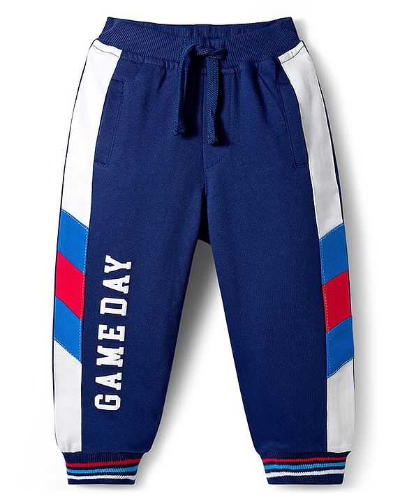 Babyhug Cotton Looper Knit Full Length Lounge Pant With Text Print - Navy Blue