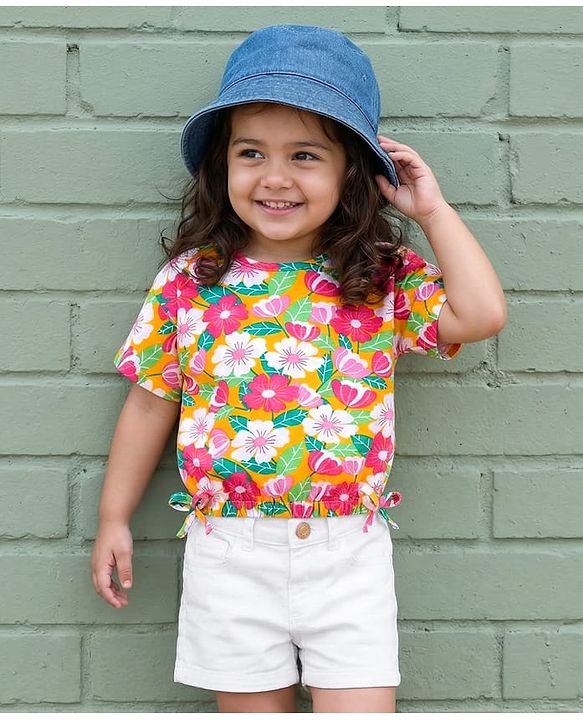 Babyhug Single Jersey Knit Half Sleeves Top & Denim Shorts Set With Floral Print - Orange & White