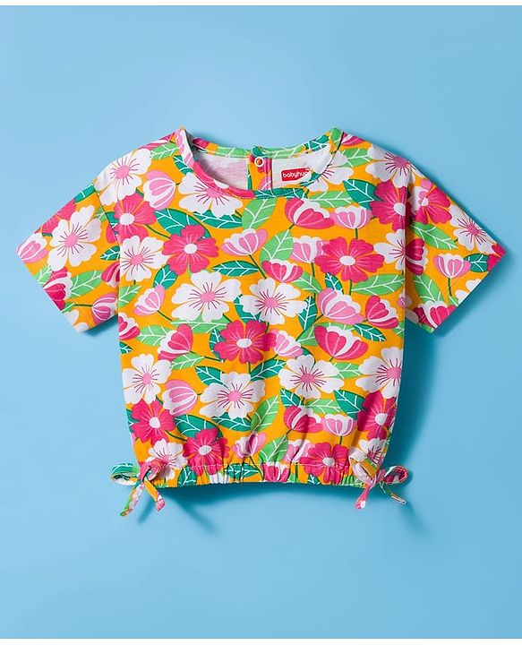 Babyhug Single Jersey Knit Half Sleeves Top & Denim Shorts Set With Floral Print - Orange & White
