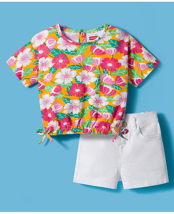 Babyhug Single Jersey Knit Half Sleeves Top & Denim Shorts Set With Floral Print - Orange & White