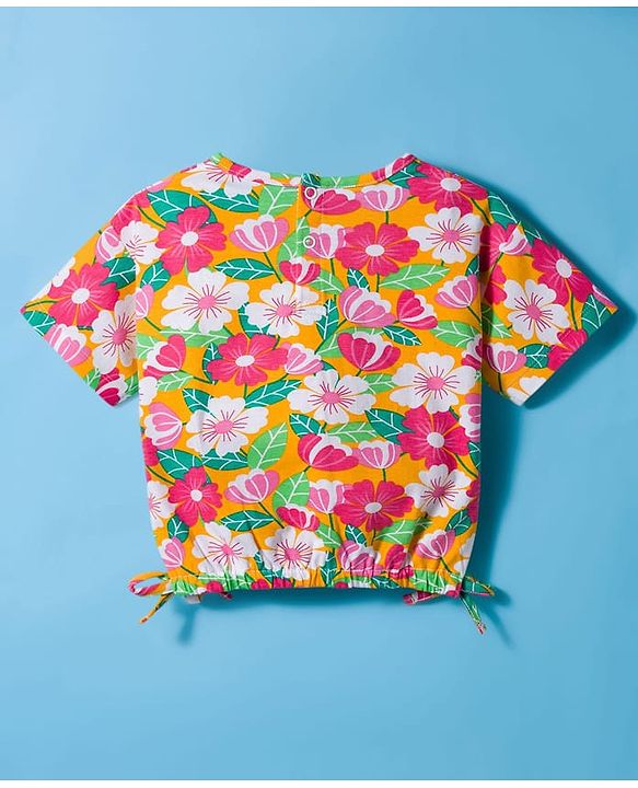 Babyhug Single Jersey Knit Half Sleeves Top & Denim Shorts Set With Floral Print - Orange & White