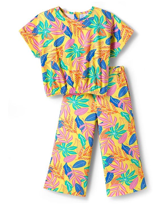 Babyhug Single Jersey Knit Half Sleeves Co-ords Top & Pant Set with Tropical Theme Print - Yellow