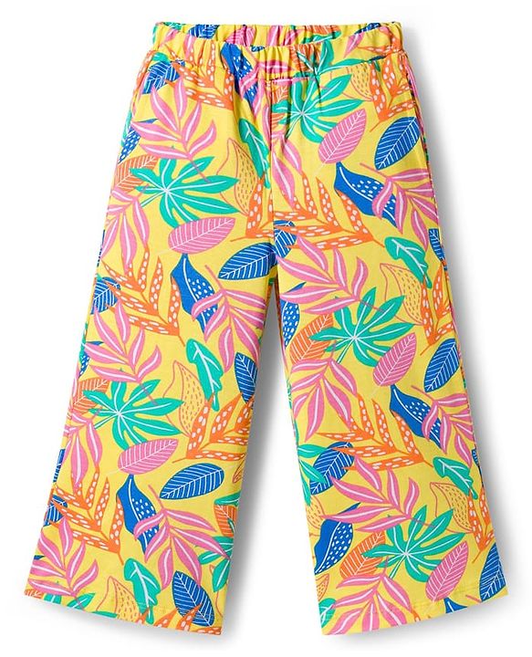 Babyhug Single Jersey Knit Half Sleeves Co-ords Top & Pant Set with Tropical Theme Print - Yellow