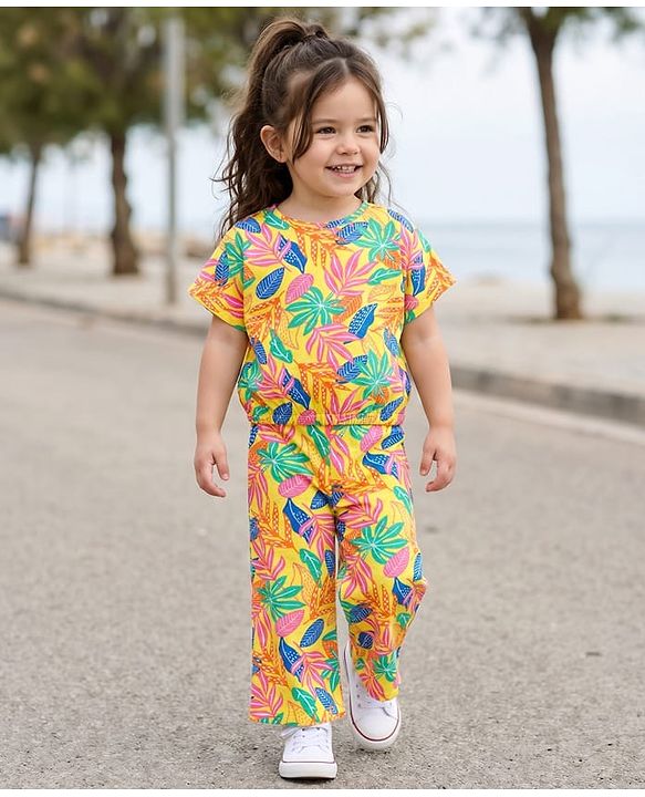 Babyhug Single Jersey Knit Half Sleeves Co-ords Top & Pant Set with Tropical Theme Print - Yellow