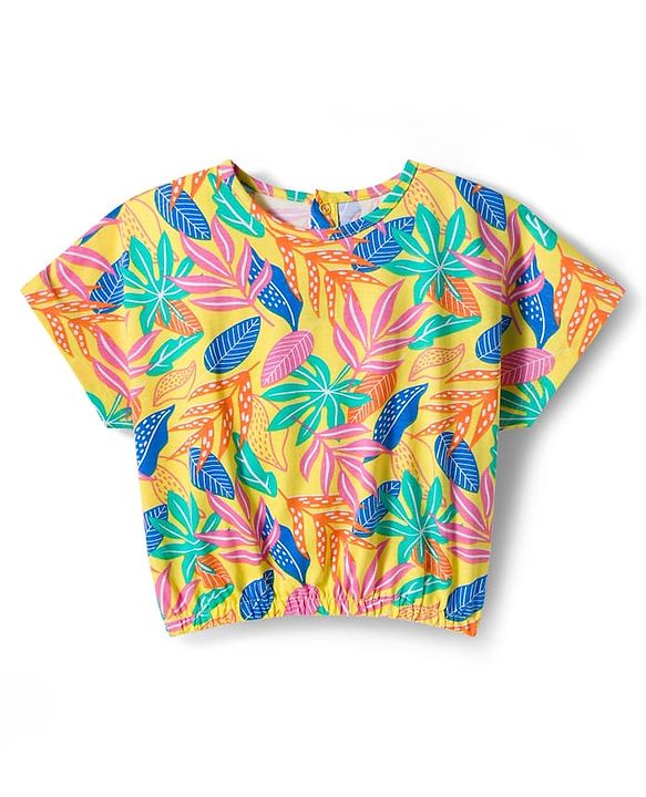 Babyhug Single Jersey Knit Half Sleeves Co-ords Top & Pant Set with Tropical Theme Print - Yellow